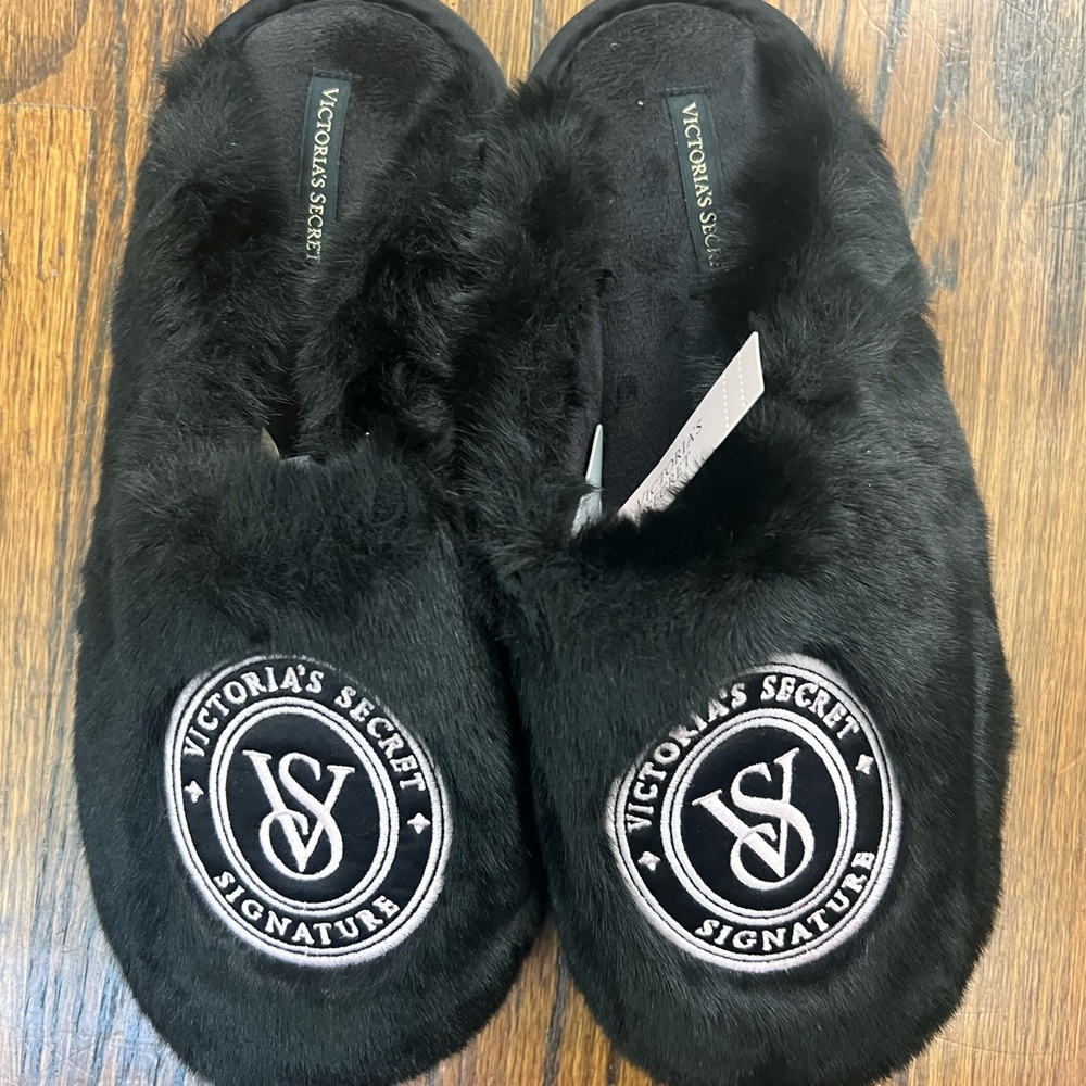 Victoria's Secret Black Fur Slippers